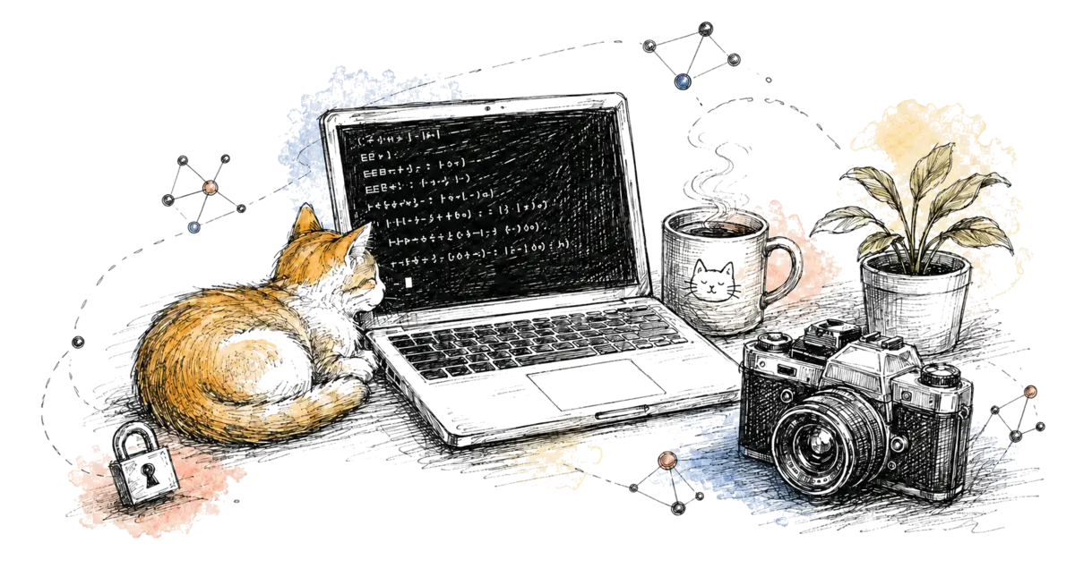 Hand-drawn desk with a cat, laptop, camera and security objects